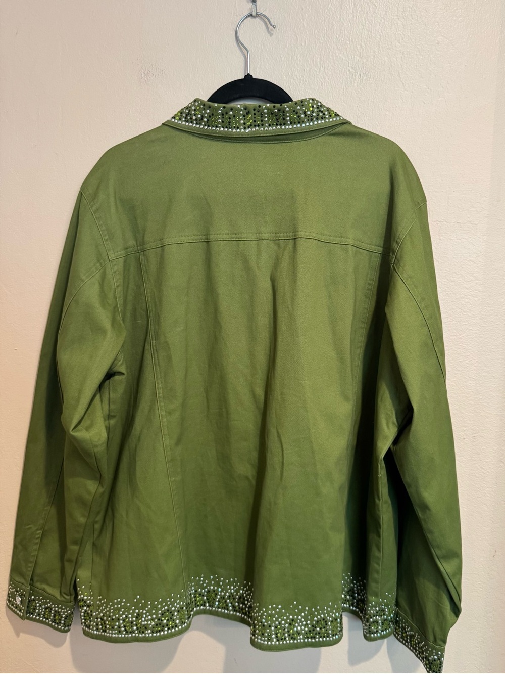 Artsy Quacker Factory Olive Green Rhinestone Embellished Collared Jacket - Picture 3 of 8